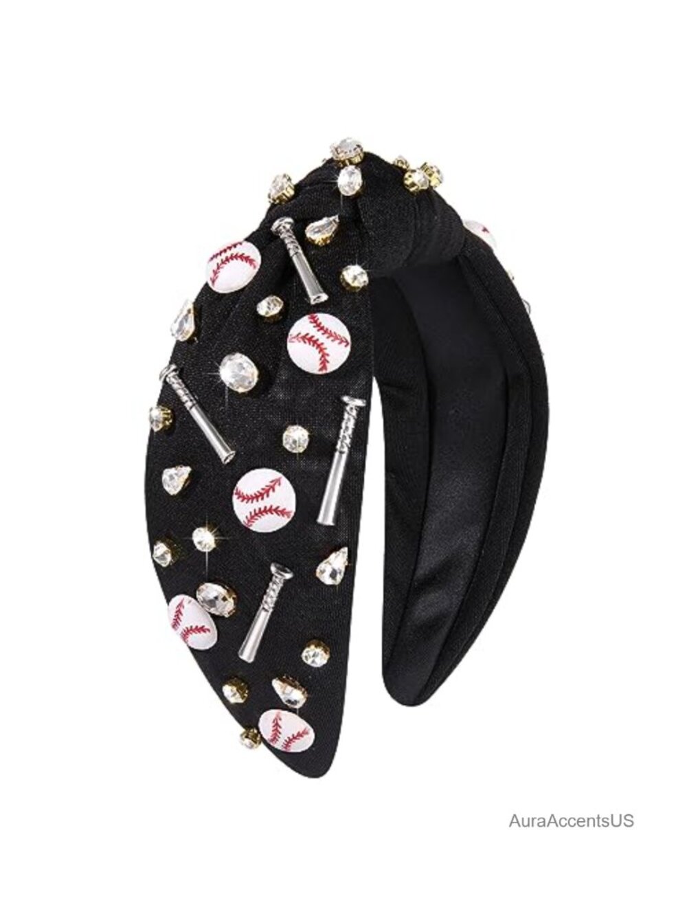Knotted Headband Women Sport Hairband Baseball Charms Crystal Jeweled Wide Top